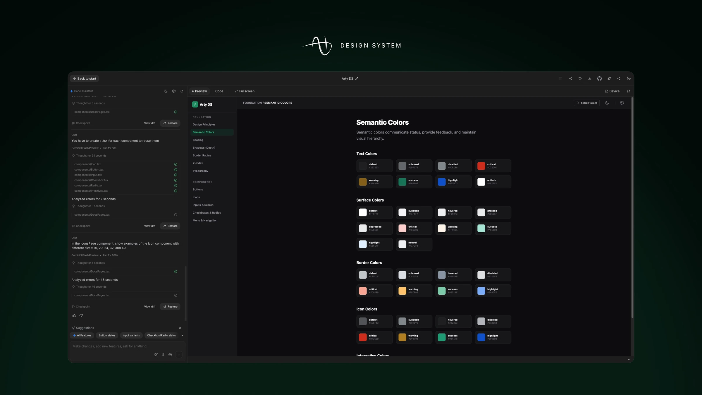 Arty Design System semantic color tokens in a dark interface