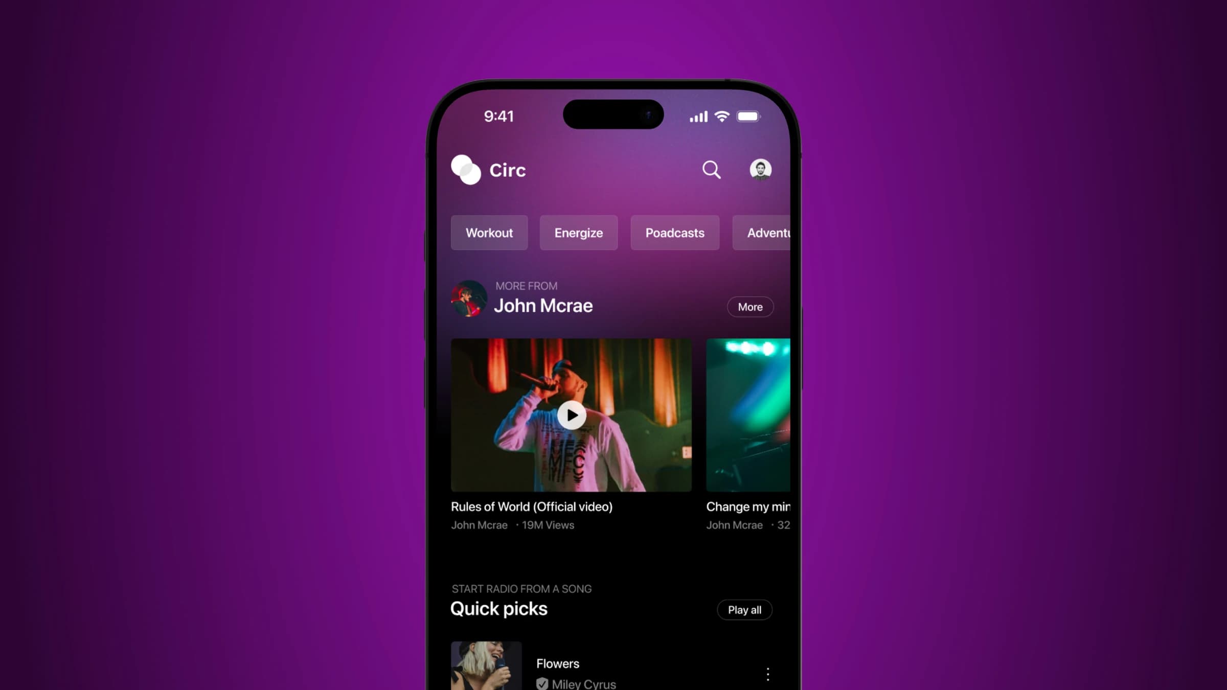 Circ music app with artist recommendations and quick picks