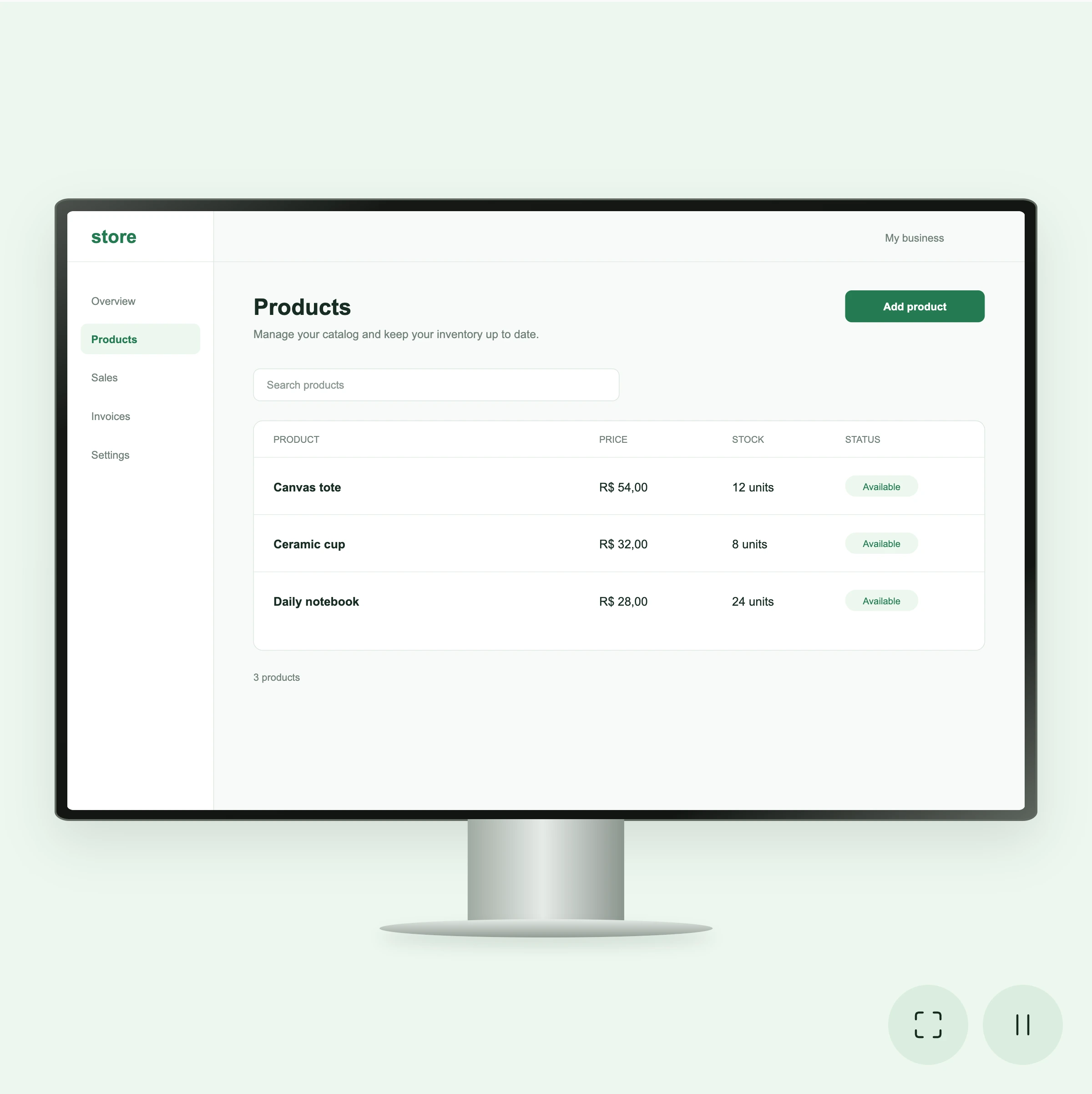 Desktop monitor mockup displaying a sample product catalog in a mint scene