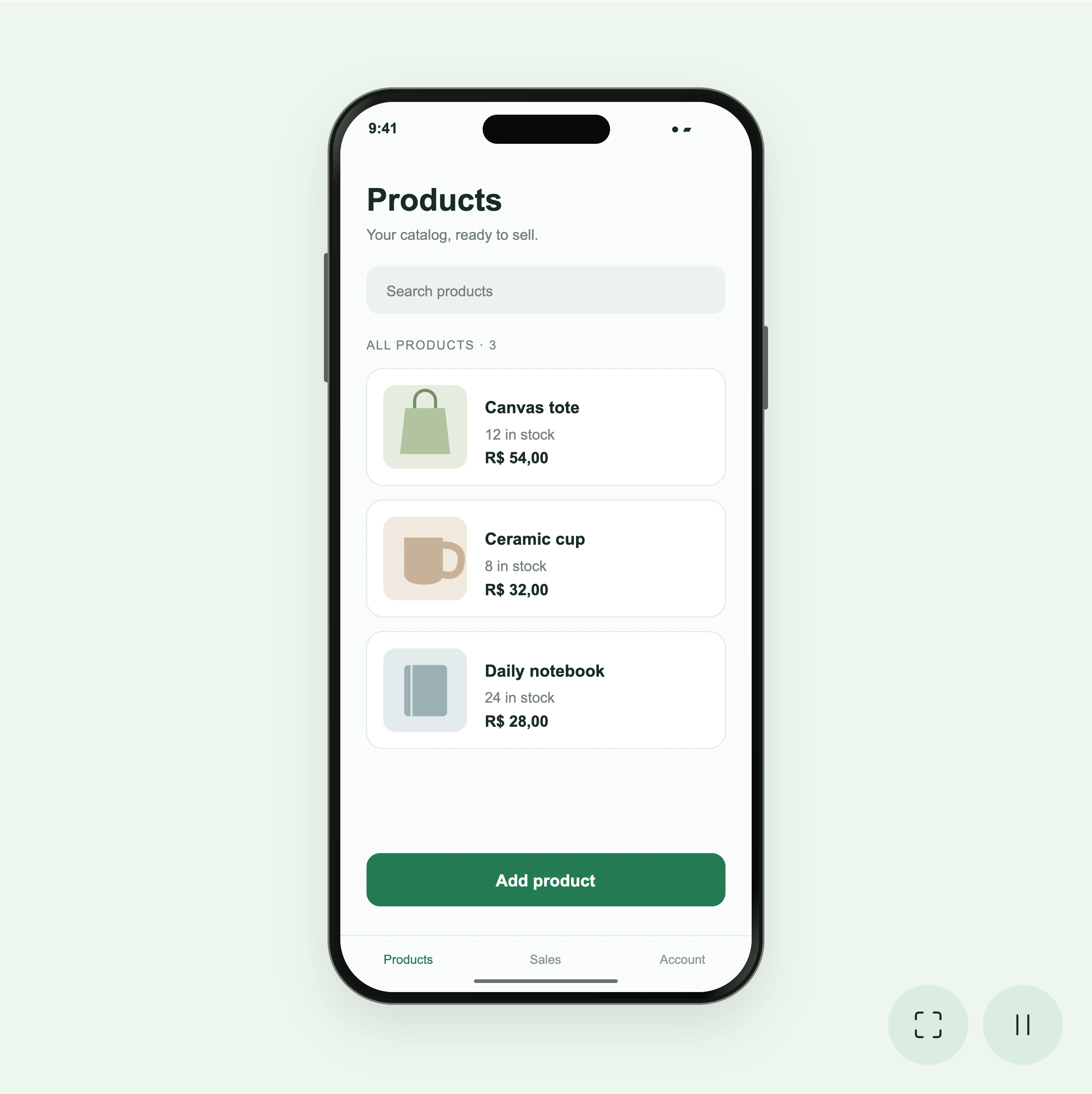 iPhone mockup displaying a sample mobile product catalog in a mint scene