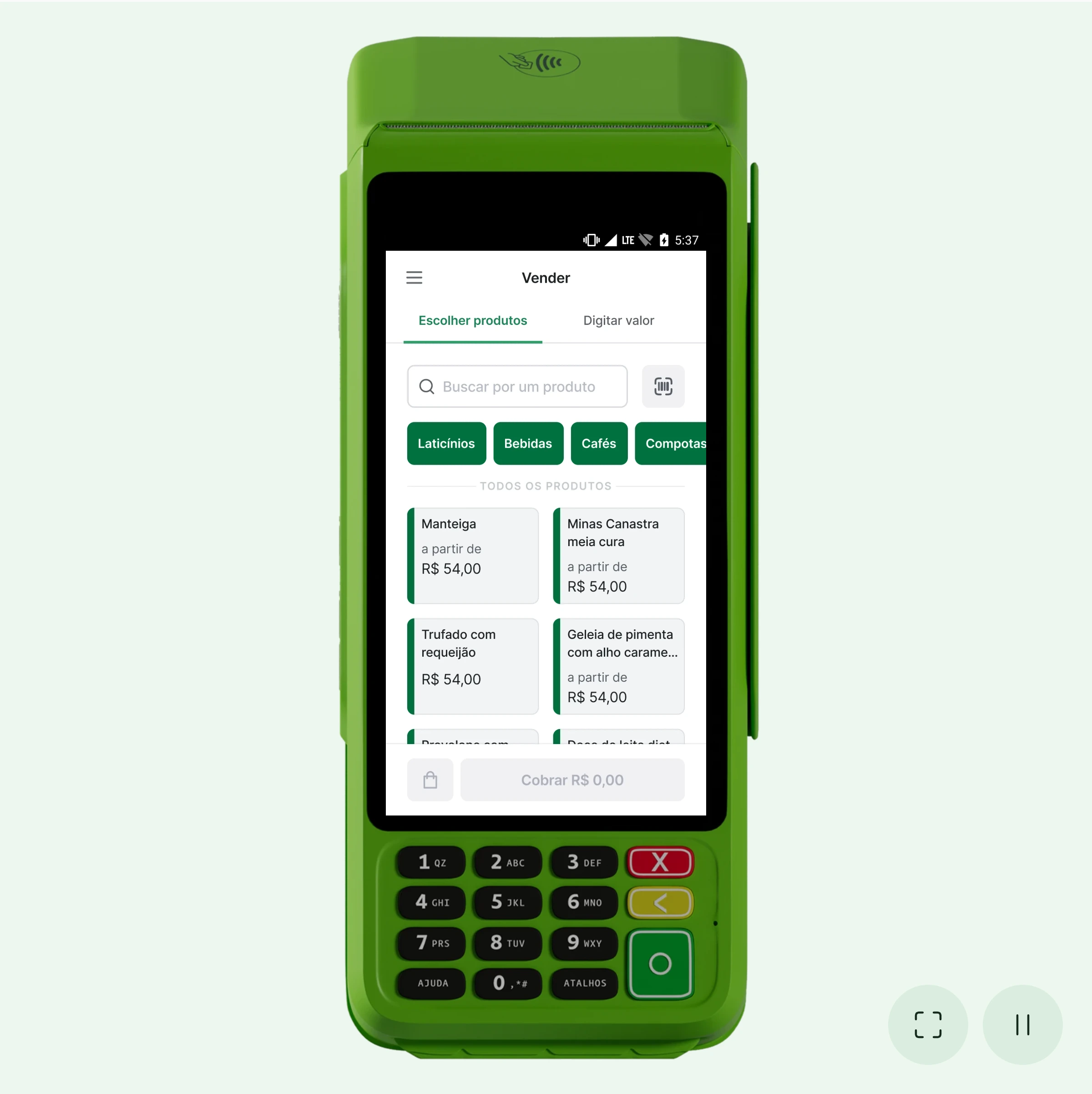 Stone payment terminal displaying a product catalog in a mint scene