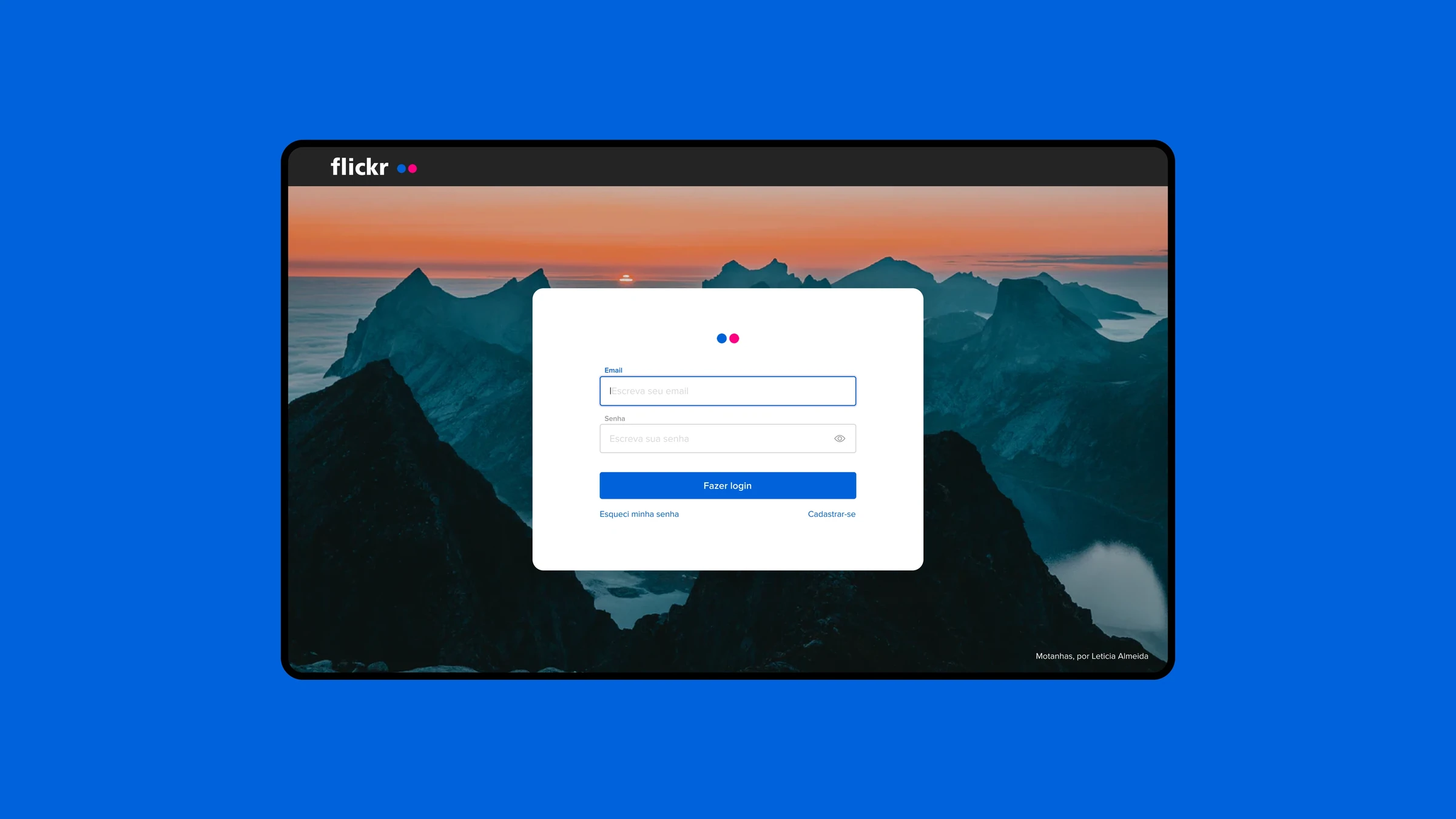 Flickr login form over a mountain photograph