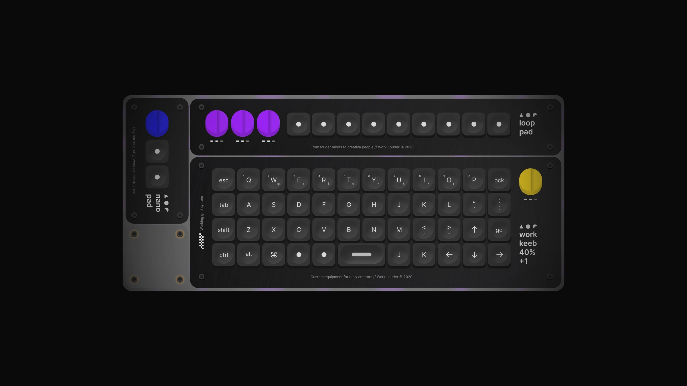 Work Louder modular keyboard with purple, blue, and yellow knobs