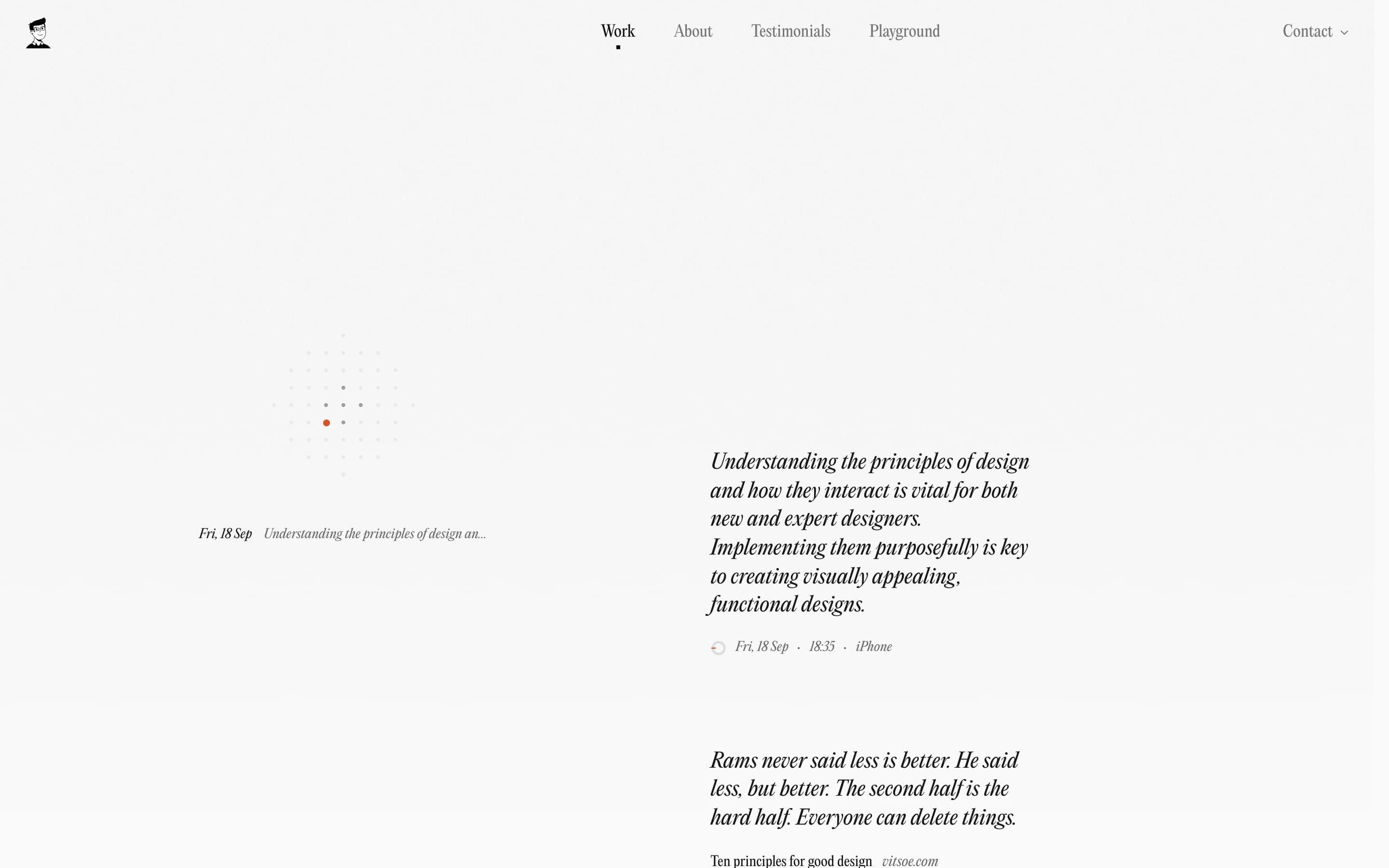 Notes page with a dot index and an editorial stream of design reflections