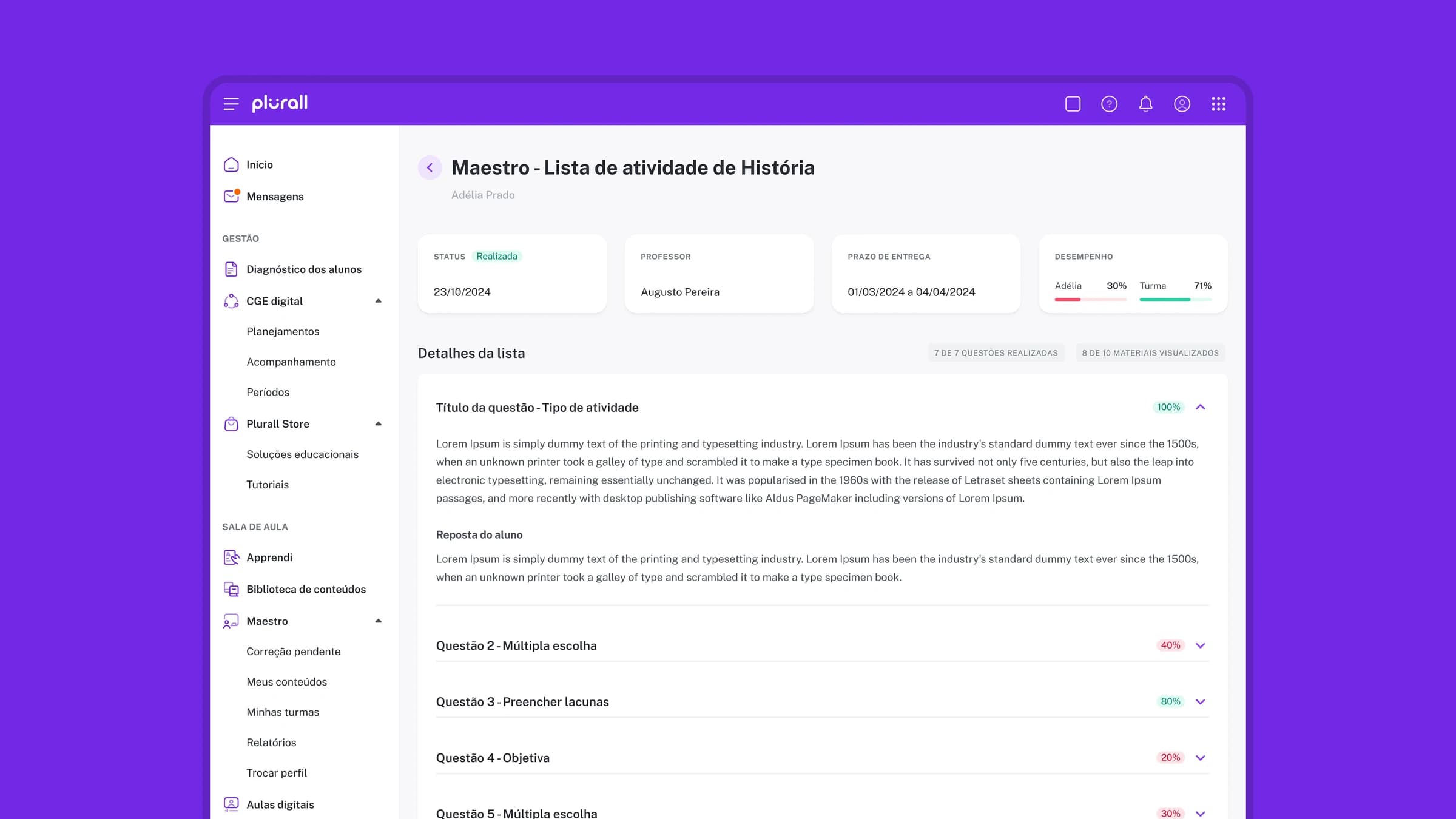 Plurall Maestro desktop screen showing assignment details and student performance