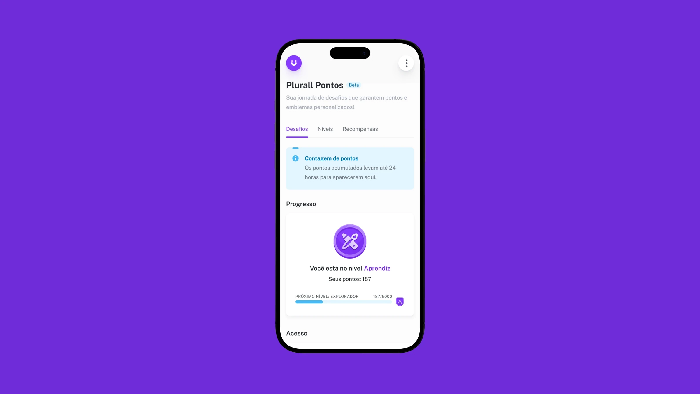 Plurall Points mobile screen with challenges, rewards, and level progress