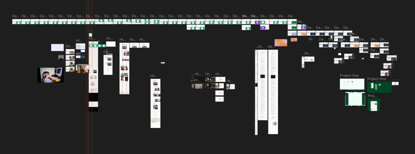 Figma canvas with portfolio home page layout explorations and visual references