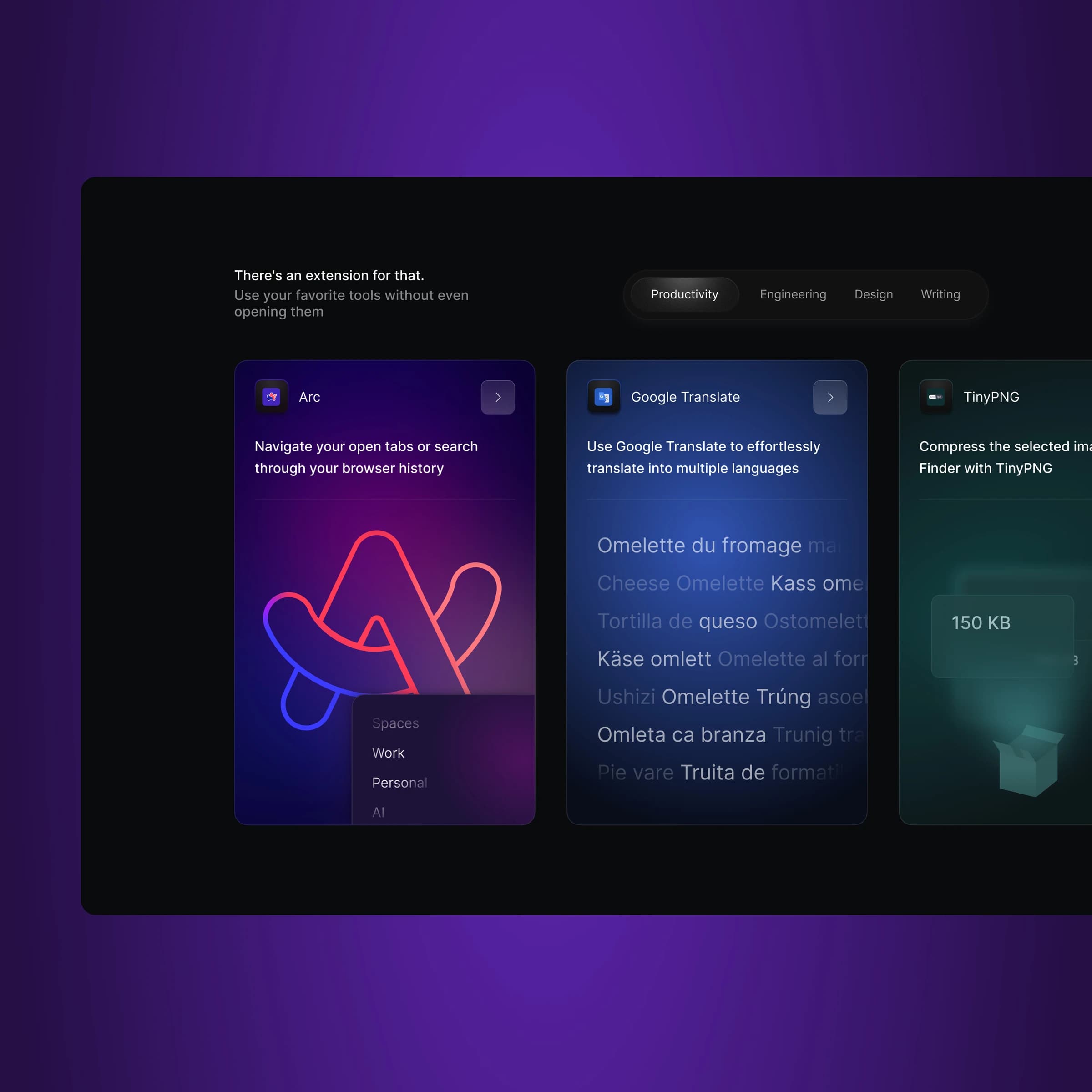 Raycast extension cards for Arc, Google Translate, and TinyPNG