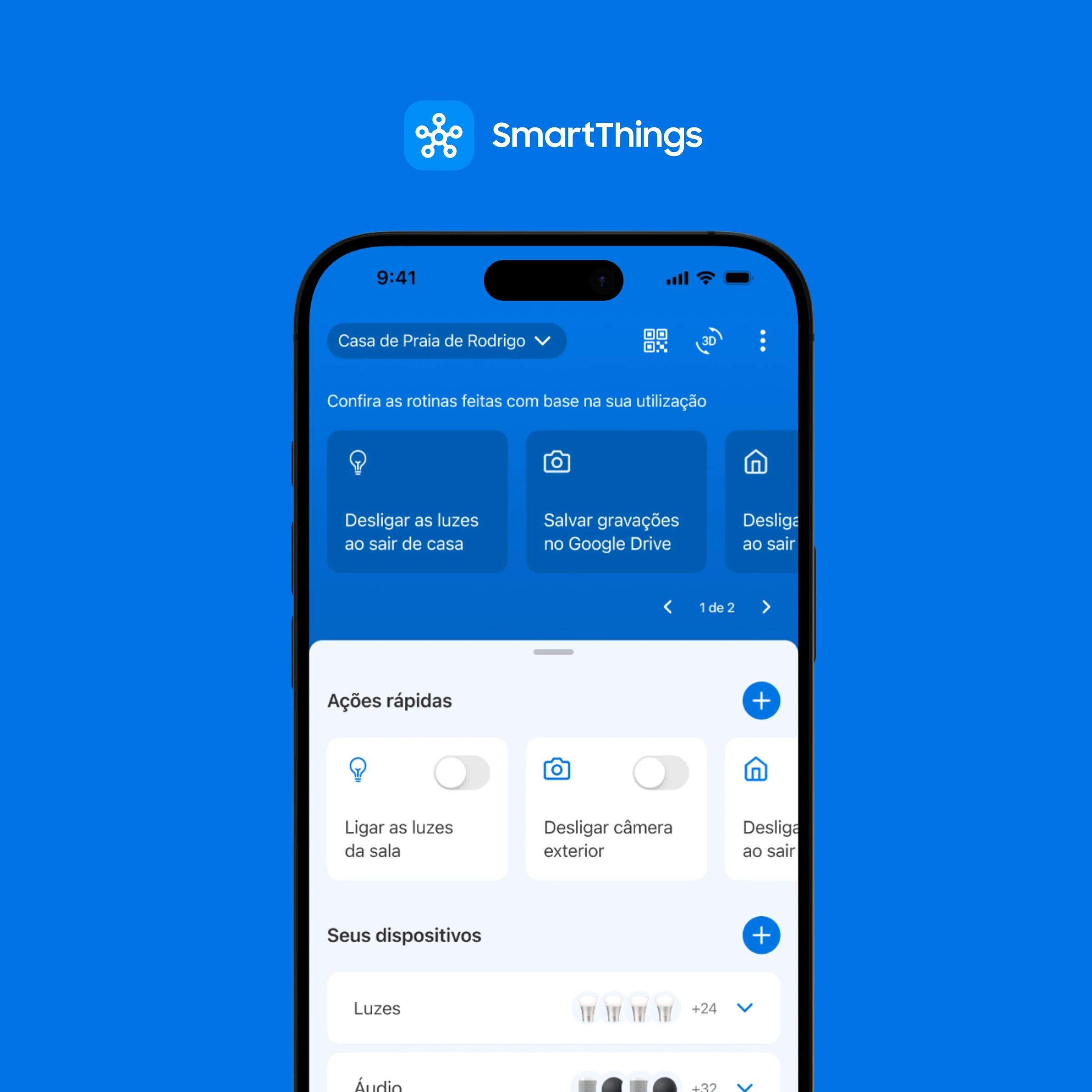 SmartThings home with suggested routines, quick actions, and devices